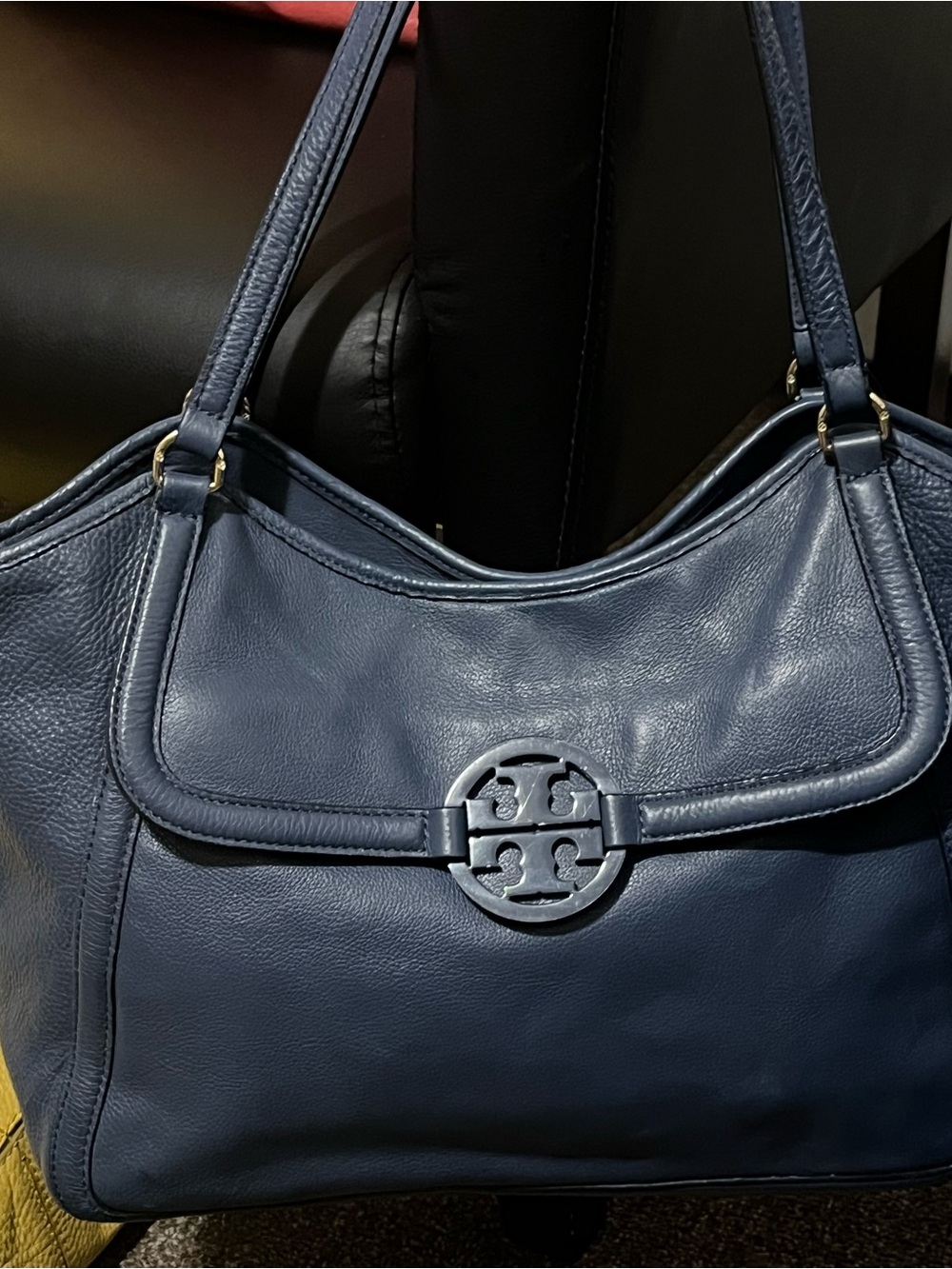 Tory Burch Navy Leather Shoulder Bag with Logo Medallion
